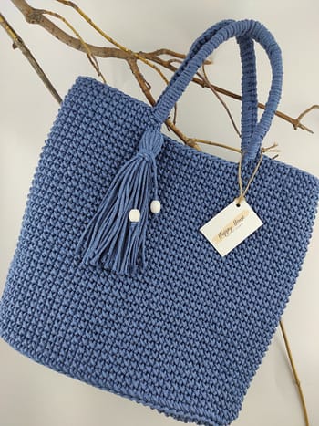 плетена дамска чанта XL дънково синя