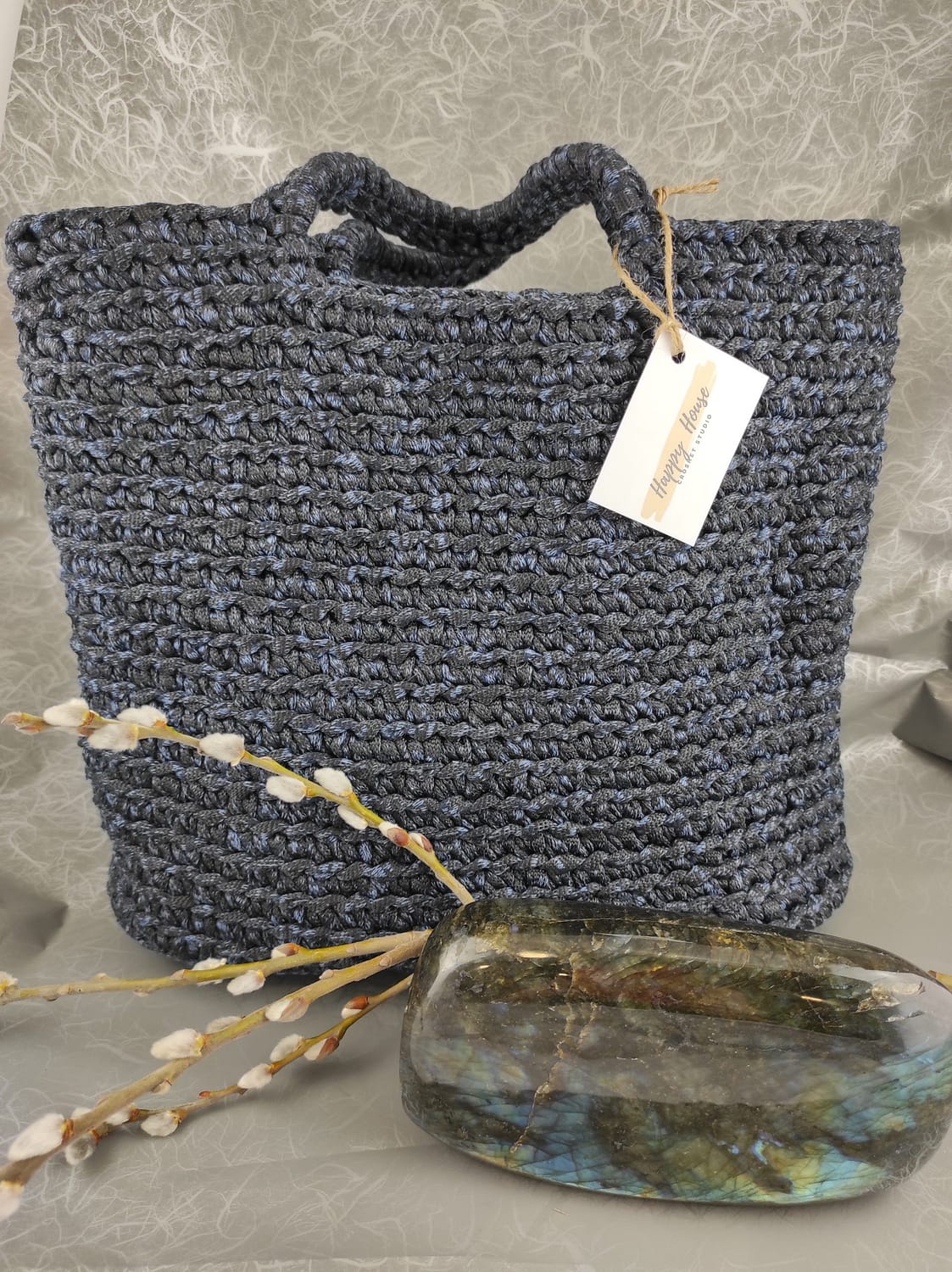 плетена дамска чанта на една кука L синьо-черна